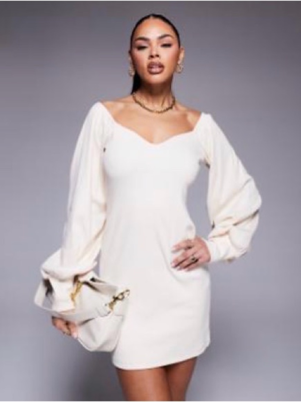 ASOS Cream Long-Sleeve Sweetheart Mini Dress